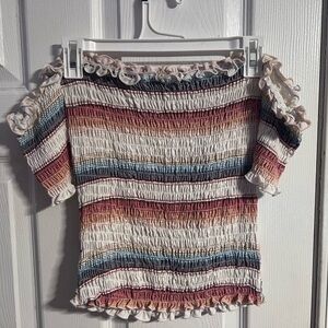 American Eagle Outfitters Multicolor Striped Smocked Off-Shoulder Crop Top